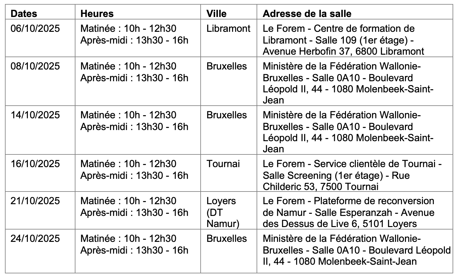 Tableur dates, heures et lieux ateliers SICE d'octobre